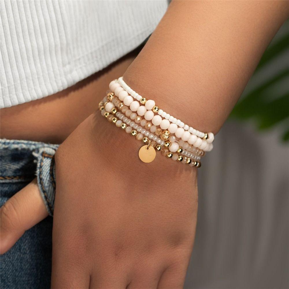 5Pcs Alloy Stretch Bracelets Resin Vacation Jewelry Gift Elegant Beaded Bracelet Set for Women