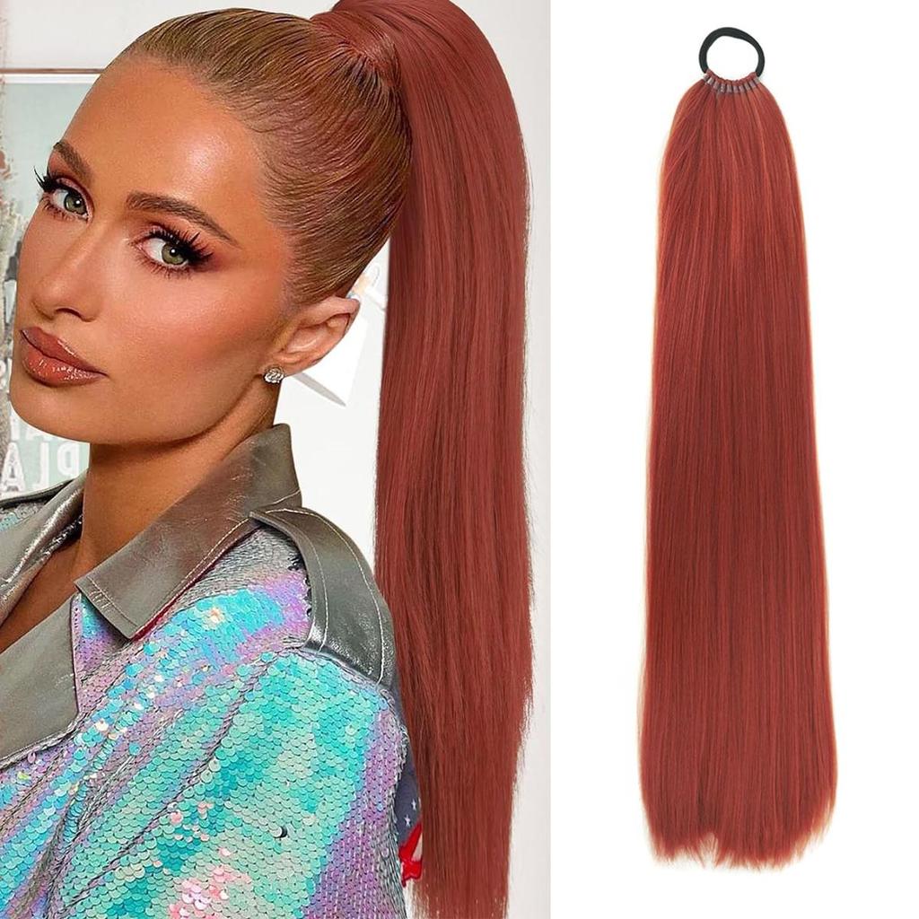 Синтетические наращивания хвоста на эластичной ленте, прямой наращивание хвоста для женщин, длинный прямой мягкий натуральный хвост 24 дюйма