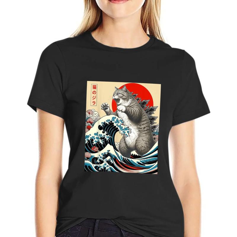 Аниме Японское искусство Catzilla Cat Смешной кот Летняя спортивная футболка унисекс мультяшная футболка топы с круглым вырезом футболки модная фитнес футболка