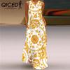 Summer Women's Sleeveless Long V-Neck Printed Jade Flower Dresses