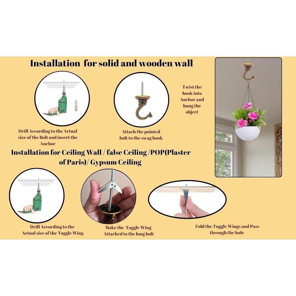 Сверхпрочные потолочные крючки из античной латуни для подвешивания растений, колокольчиков ветра, фонарей, гирлянд,  (Набор из 2 декоративных металлических настенных/потолочных кронштейнов)