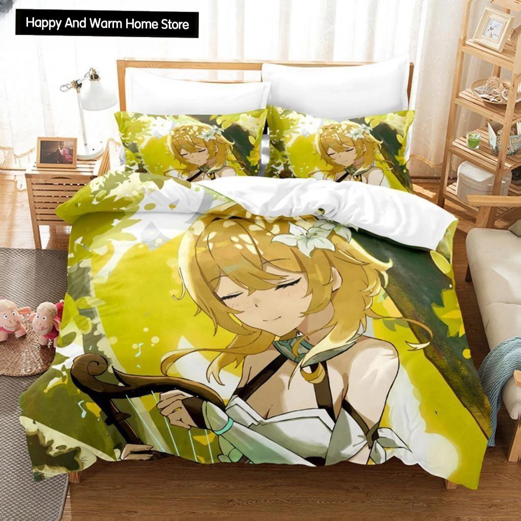 3D-принт аниме Genshin Impact Lumine пододеяльник мультфильм девочка постельное белье комплект двуспальная кровать комплект для настройки домашний текстиль