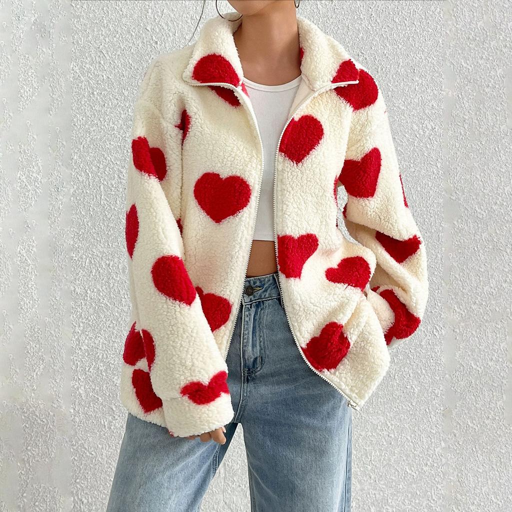 Autumn and Winter Women's Plush Love Printed Loose Long Sleeve Standing Collar Zipper Cardigan Short Jacket
