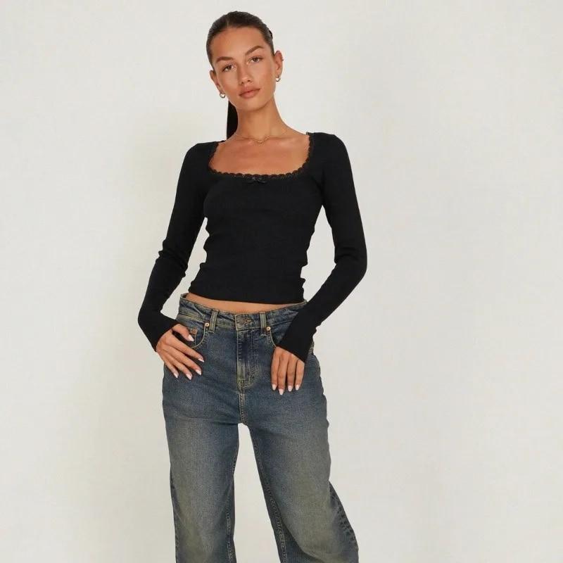 New Women Sexy Knitted T-shirt Casual Lace Square Collar Bottoming Long Sleeve Tshirt Woman Slim Fit Soild Lady Tees Tops 30600