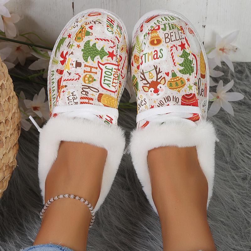 2024 новые женские туфли из парусины в рождественском стиле с принтом, зимние теплые мокасины с флисовой подкладкой, удобные плюшевые рождественские теплые туфли из парусины