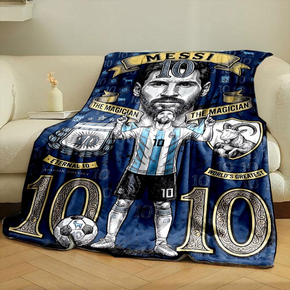 Blue-themed tribute featuring "10," goats, banners, and a footballer motif. for all seasons blanket lunch break throw gift