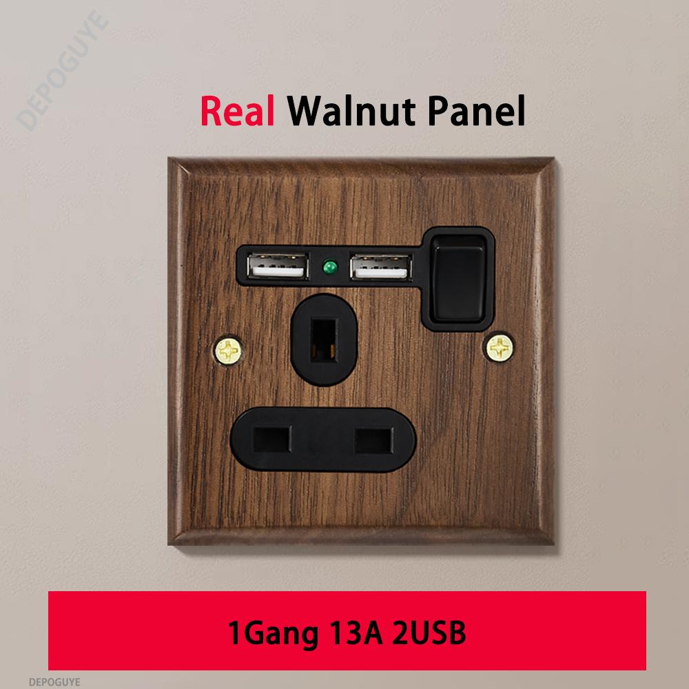 Черная ретро-панель тумблера на стену из грецкого ореха 1-4 клавиши 2-сторонняя из массива дерева двойная универсальная электрическая розетка EU/FR с USB-C