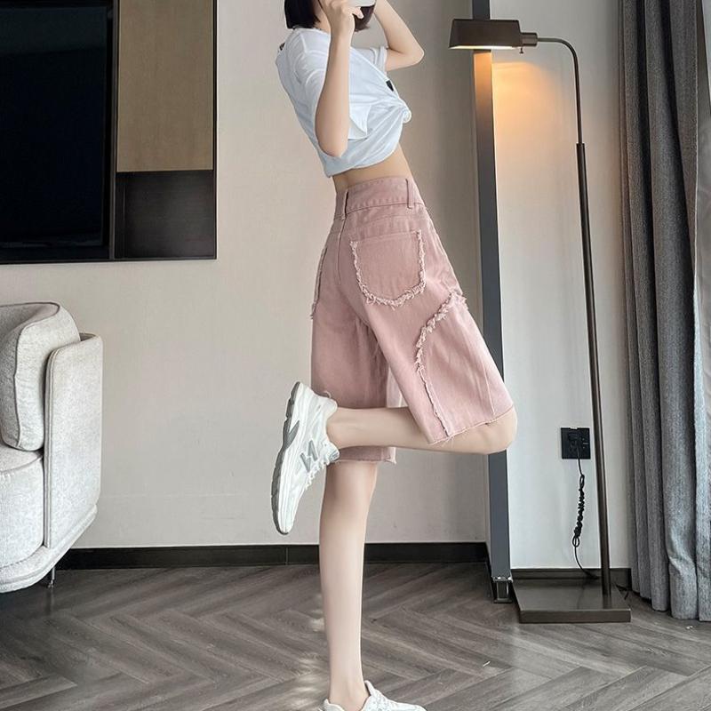 Женские розовые джинсы с бахромой Five Point, летние, с высокой талией, стройнящие, свободные и широкие брюки средней длины