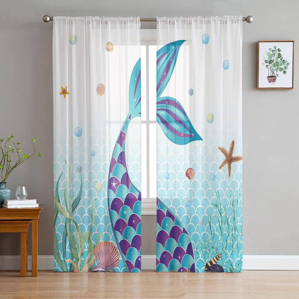 Mermaid Scales Ocean Rainbow Chiffon Sheer Curtains for Living Room Bedroom Home Decoration Window Voiles Tulle Curtain