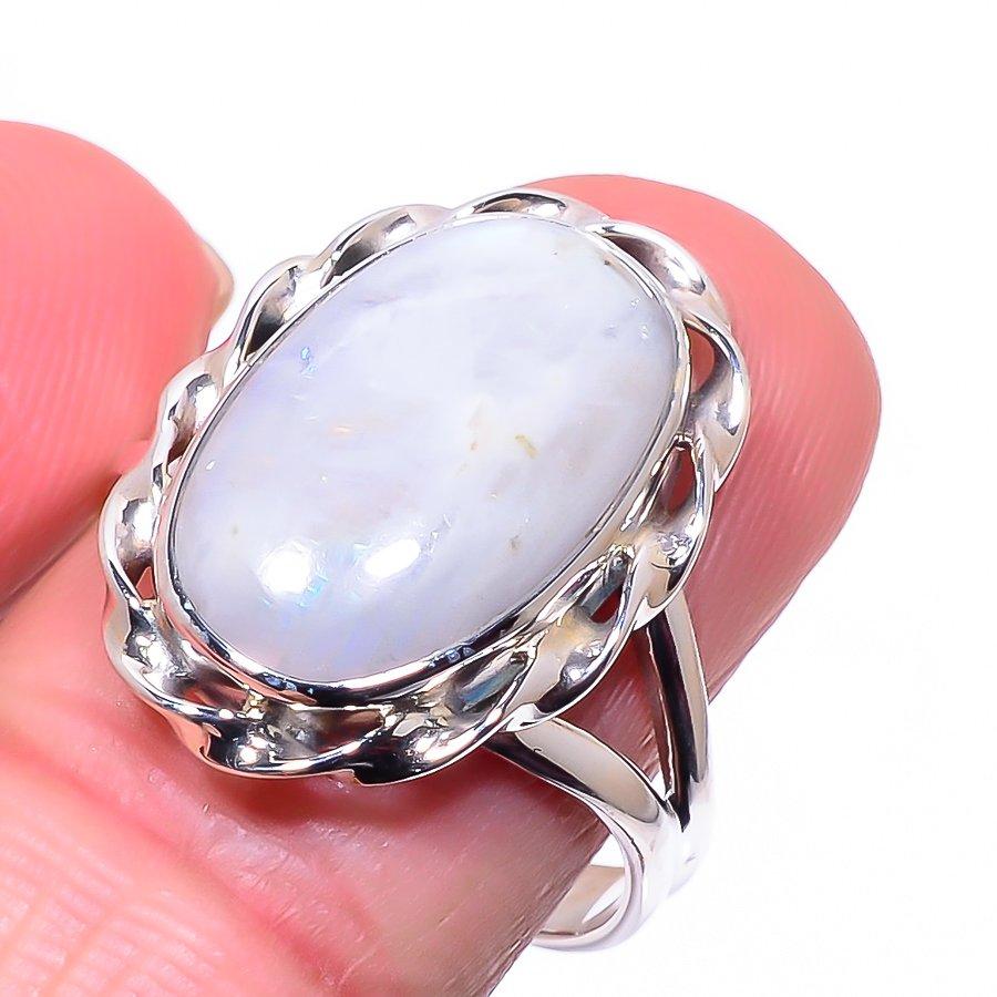 Natural Rainbow Moon Stone Gemstone 925 Solid Sterling Silver Ring Size 10 F0m89