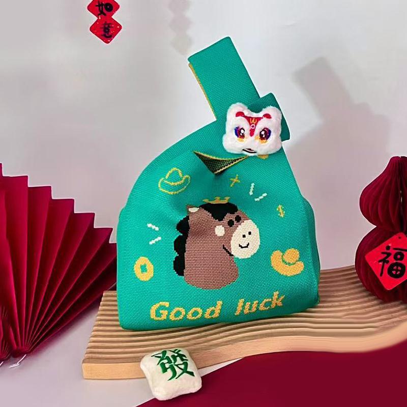 2026 Новогодний Мультяшный Талисман Пони Вязаный Подарочный Мешок Ручной Мешок для Конфет Большая Вместимость Мешок на Завязках на Запястье Милые Многоразовые Сумки для Покупок