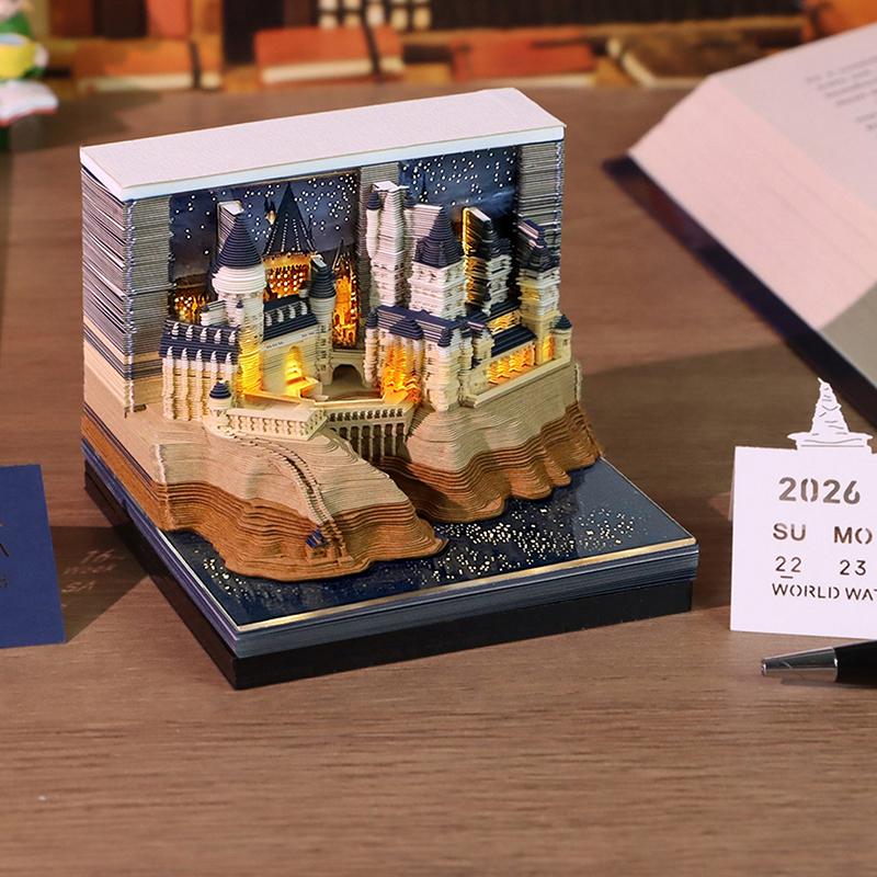 Календарь-часы 2026 Настольный календарь со светодиодной подсветкой 3D Отрывной календарь Бумажная резьба Искусство Блокнот для заметок Подарок Рождество