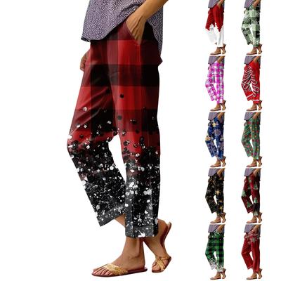 Женские модные повседневные брюки с прямыми карманами и эластичной талией с рождественским принтом