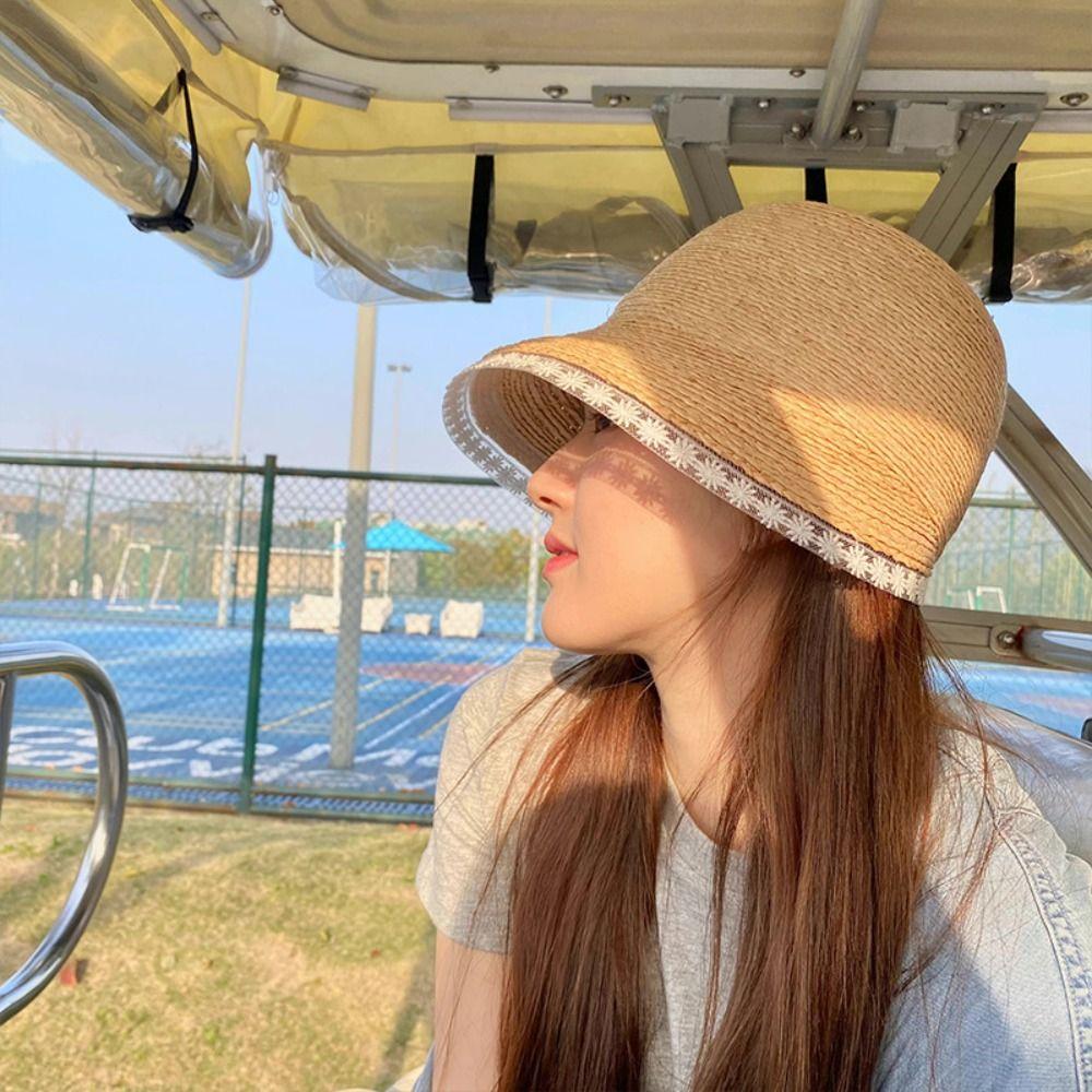 Daisy Lace Straw Hat UV Protection Sunscreen Hat Simple Lafite Hat  Travel