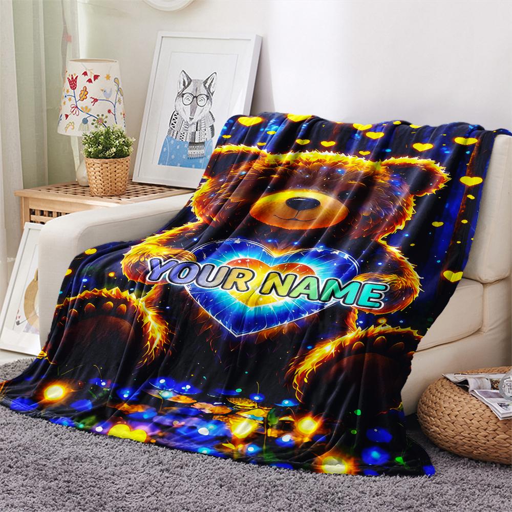 1PC Custom Name Forest Bear Heart Patterned Flannel Blanket Suitable For All Seasons for Home Decor Warmth and Comfort Gifts Holiday Present_lx