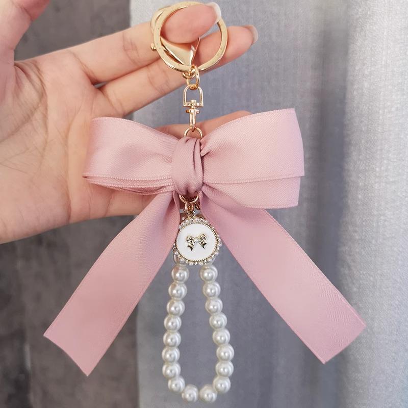 Key Bag Pendant Accessories Faux Pearl Bow Keychain Cute Beaded Bracelet Key Chain For Purse Bag Backpack Car Charm Ribbon