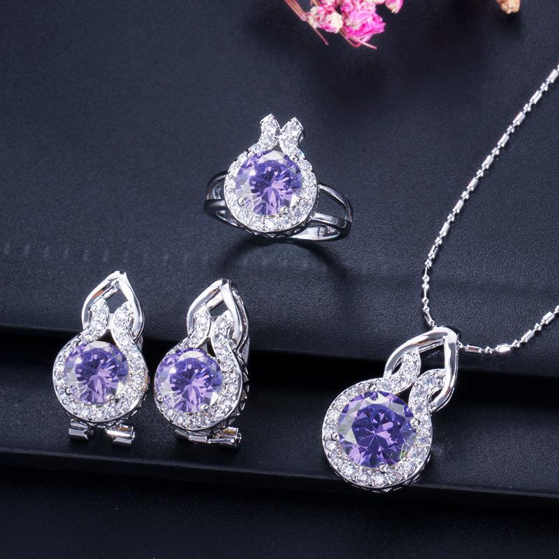Jewelry Set, Bridal Jewelry Set, Simple Zircon Jewelry Necklace, Earrings, And Three Rings.