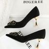 New Beaded Metal Flower Women Pumps Luxury Banquet Shoes Women 7 Cm Heels Stiletto Suede Kitten High Heels Female Party Shoes