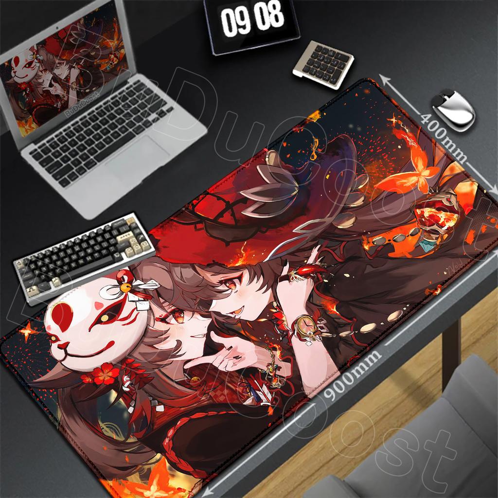 HD Genshin Impact Ху Тао Игровой Коврик для Мыши Игровые Аксессуары для ПК Подставка для Ноутбука Нескользящая Резина Мягкий Край с Фиксацией XXL Большой Коврик для Клавиатуры