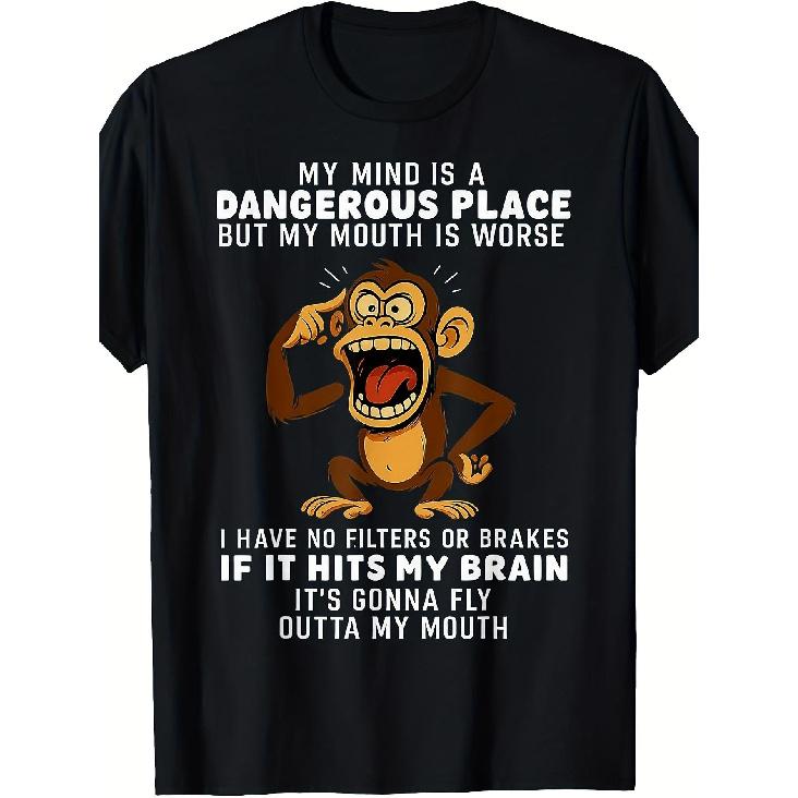 Men'S Funny Monkey Graphic T Shirt 180g 100% with My Mind Is a Dangerous Place Slogan Casual Short Sleeve Shirt for Parties 4th of July Casual Attire