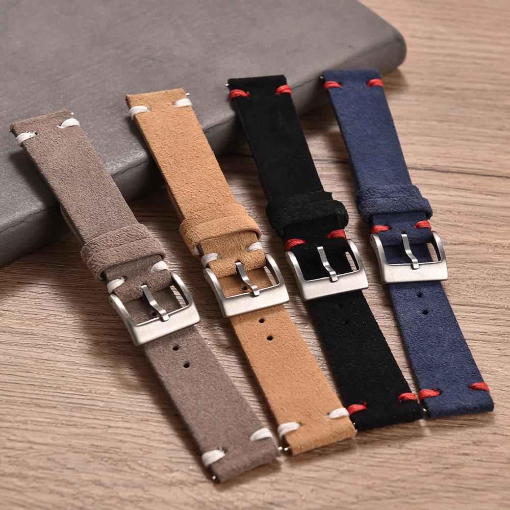 Vintage Suede Leather Watch Strap 20mm 22mm Contrast Stitching Quick Release Soft Snug Fit Replacement Strap