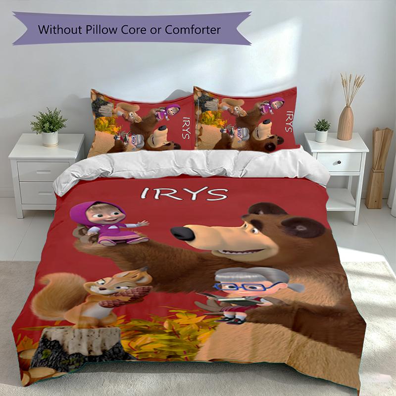 3pcs Custom Name Masha and the Bear Set,Includes 1 Duvet Cover and 2 Pillowcases,All-season Bedroom Decor