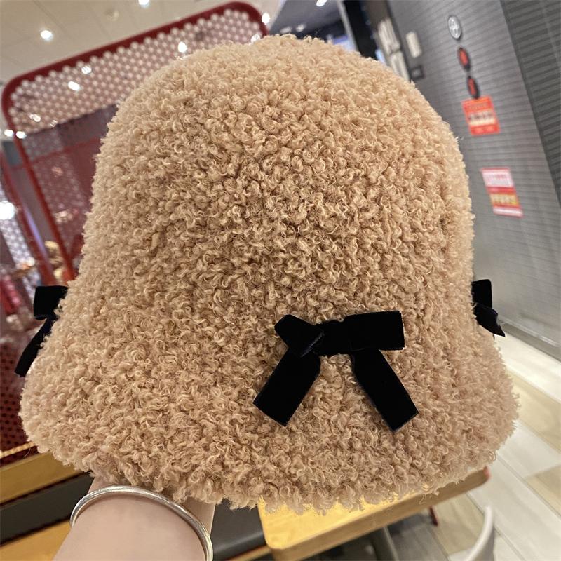 Bow plush fisherman hat children autumn and winter travel warm face bucket hat new