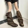 Fashion 2024 Autumn Street Fashion Women's Mid Calf Boots Retro Round Toe Brown Long Boots Casual Versatile Belt Buckle Motorcycle Boot