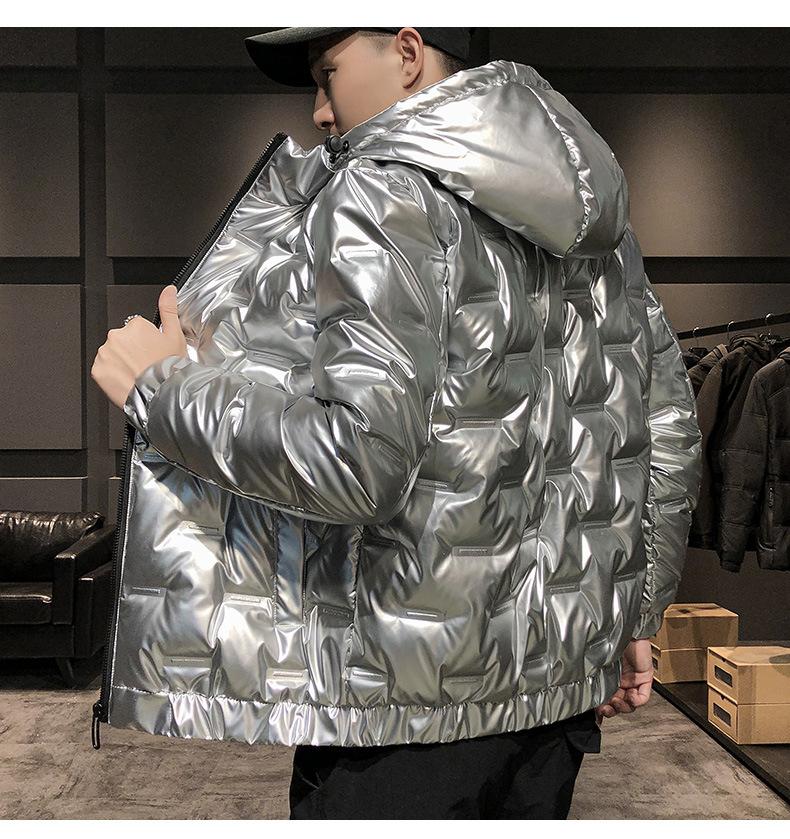 Мужской серебристый блестящий зимний пуховик, мужской теплый короткий белый утиный пух с капюшоном