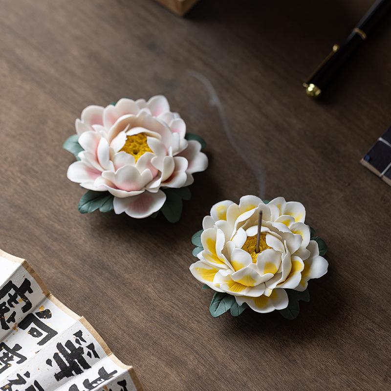 Handmade Ceramic Lotus Incense Burner - Zen Flower Ornament for Living Room Decor