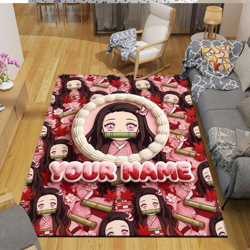 Custom Name,Nezuko Kamado Home Sofa Decoration for Living Room & Bedroom, Non‑Slip Play Flannel Floor Mat for Game Room