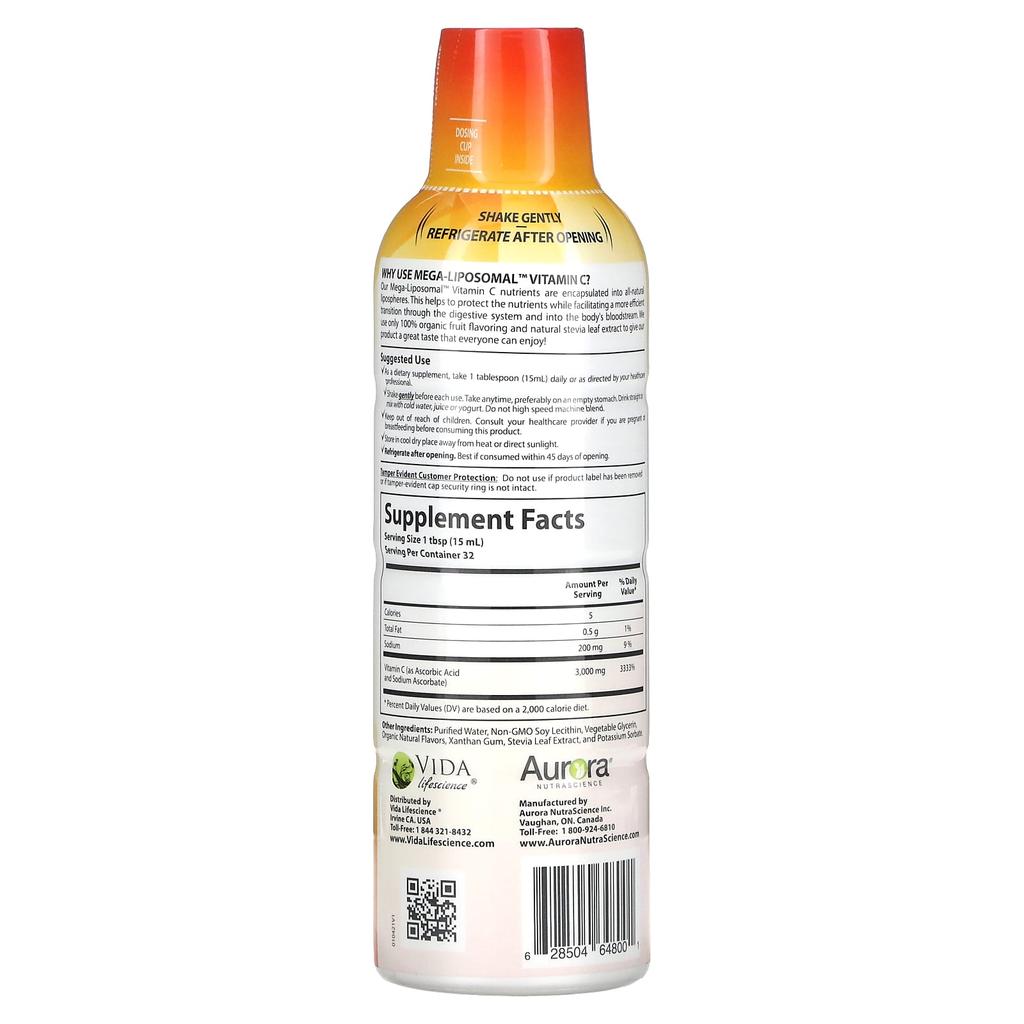 Aurora Nutrascience, Мега-липосомальный витамин C, Органический фруктовый вкус, 3000 мг, 16 жидких унций (480 мл)