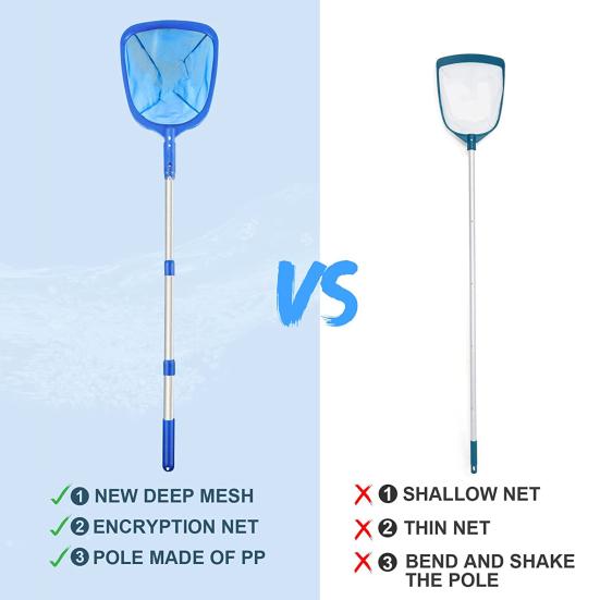 Pool Skimmer Net Deep Fine Mesh Solid Plastic Frame Detachable Pole Large Capacity Heavy Duty Leaf Fine Debris Pool Cleaning Net Pool Accessories