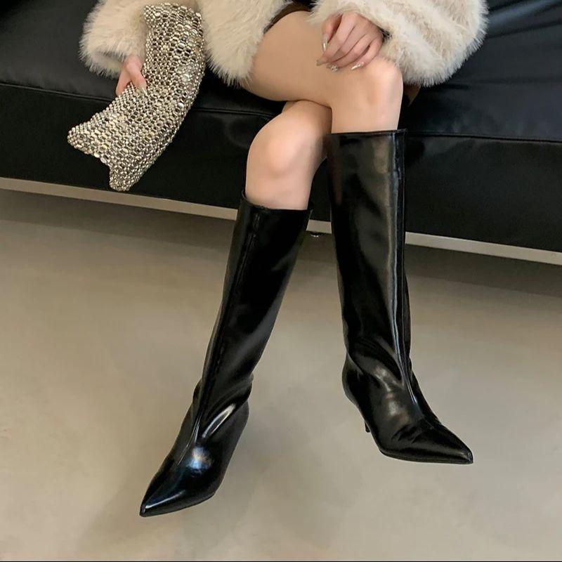 Fashion Bailamos 2024 Winter New Brand Women Knight's Boots Fashion Pointed Toe Slip On Knee-high Boots Thin Low Heel Long Boots Shoes