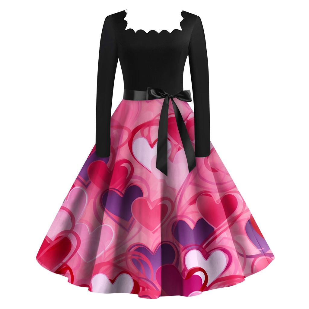 Женское винтажное классическое платье с длинным рукавом и принтом на День святого Валентина с квадратным вырезом и распашным платьем