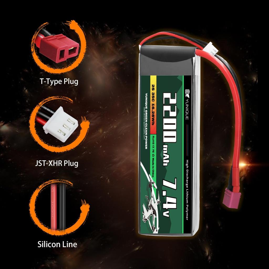 Lipo Battery 2S 7.4V 2200mAh 35C with T-Plug Connector – High Power for RC Models – Soft Case, Silicone Wire