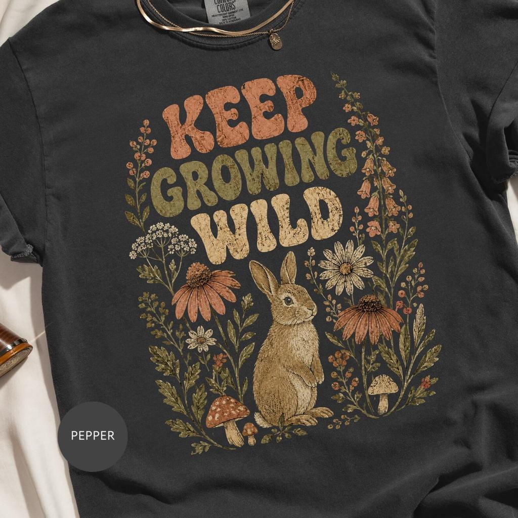 Keep Growing Wild Rabbit T-Shirt | Cottagecore Boho Nature Lover Tee | Vintage Floral Woodland Bunny Gift Top