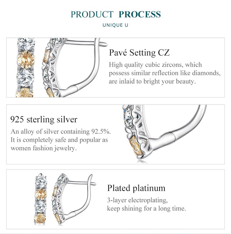 BAMOER 925 Sterling Silver Yellow & Clear Round Zircon Ring and Earrings Jewelry Set for Women Valentine's Day Gift Fine Jewelry