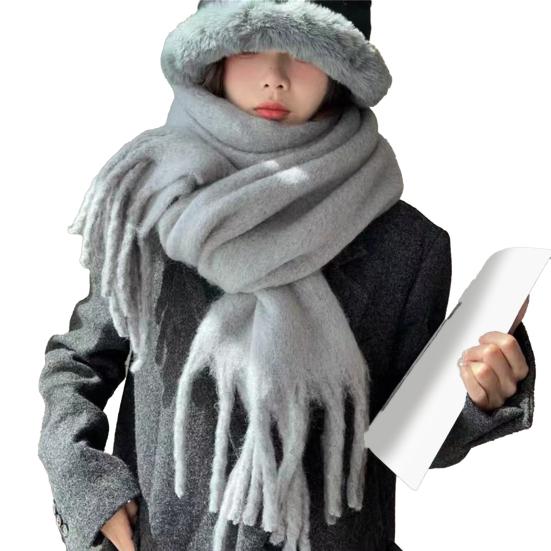 Women Winter Scarf Solid Color Lightweight Soft Warm Scarf with Tassel Trim Cold Weather Imitation Cashmere Scarf
