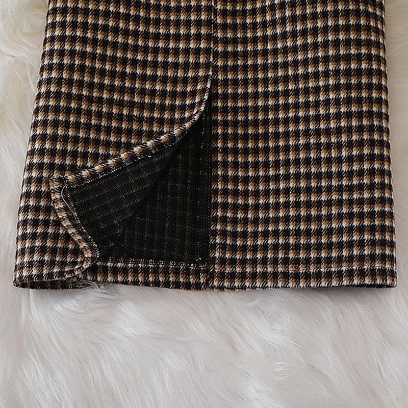 Шерстяная клетчатая юбка, женские юбки средней длины с высокой талией и карманами, разрезом, женские корейские модные одношаговые шикарные юбки Faldas