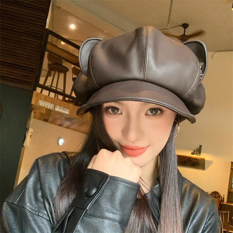 Pu leather starfish cat ear tide cool cloud octagonal hat children autumn and winter new retro soft brim beret