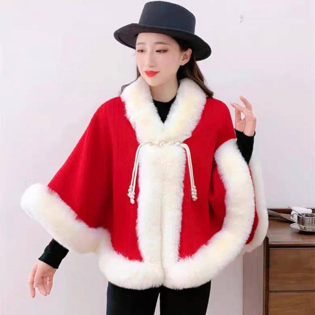 931# Женский универсальный плащ ципао: Шаль с воротником из искусственного меха выдры, на флисовой подкладке, утолщенная для тепла