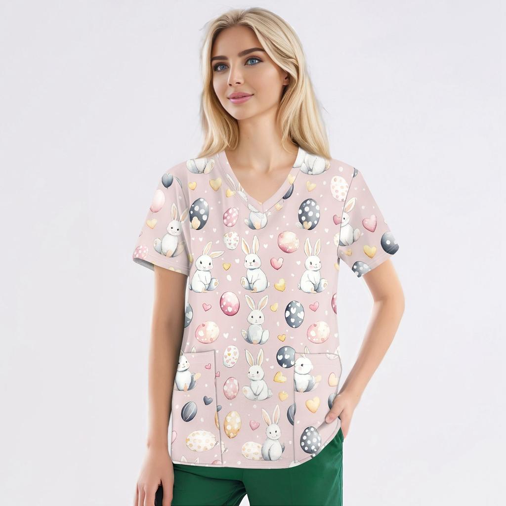 Женская мода с v-образным вырезом, короткими рукавами и карманами, топы с принтом