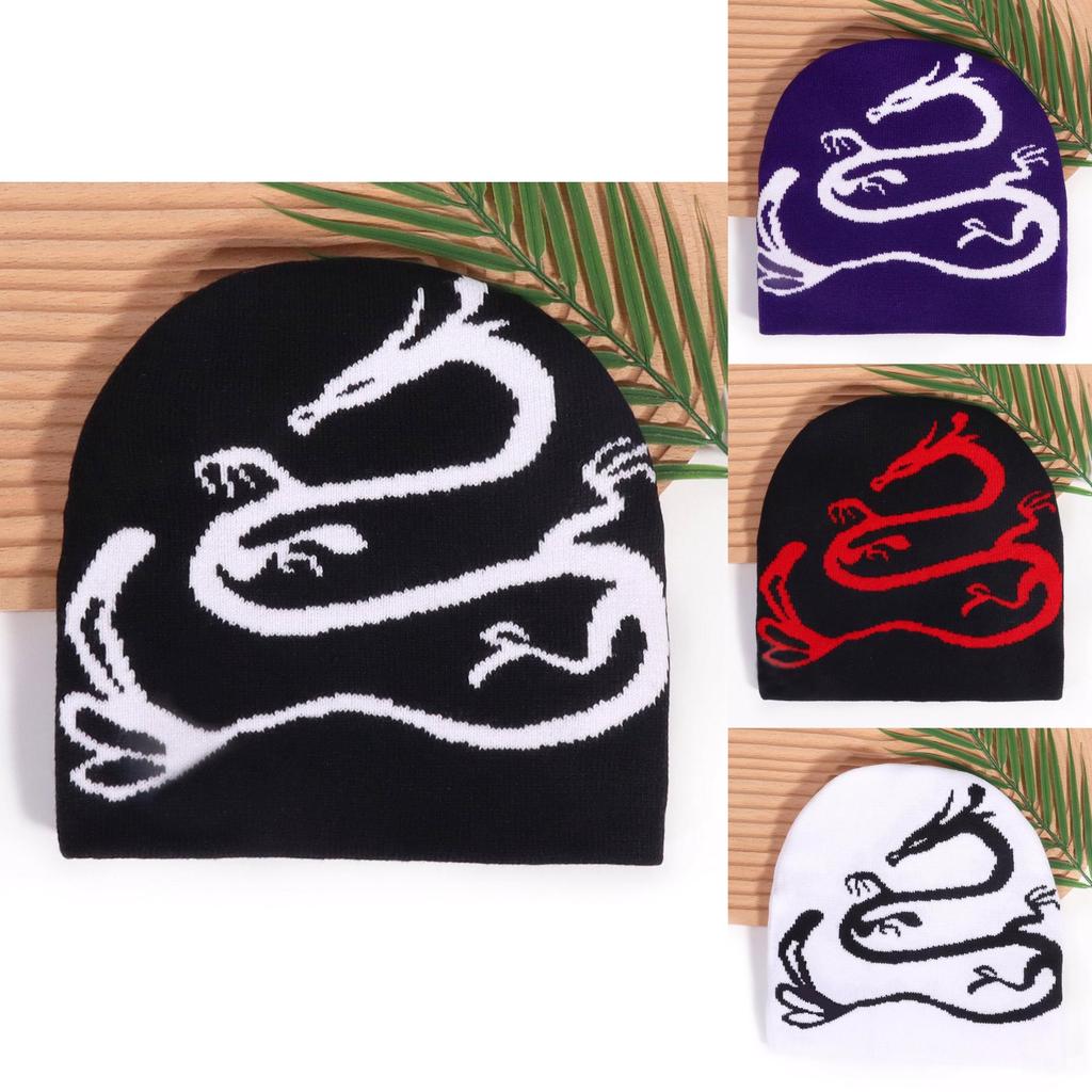 Street Style Knitted Cap With Dragon Animal Pattern For Cold Seasons