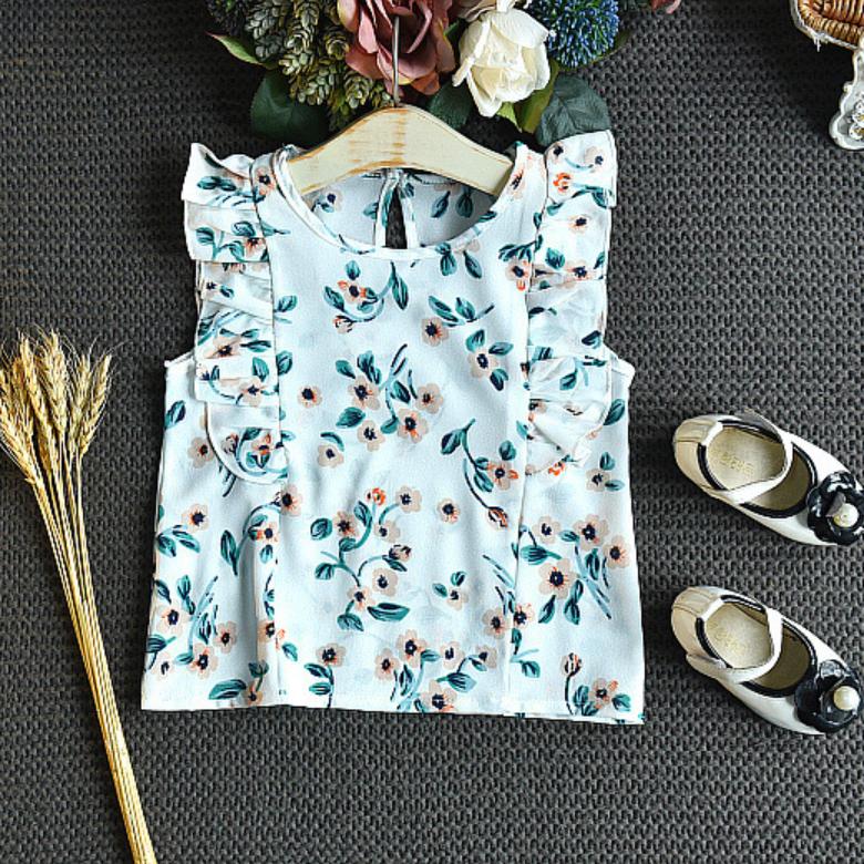 Комплект для девочек в пасторальном стиле, кружевной топ без рукавов с цветочным принтом, детский костюм из двух предметов