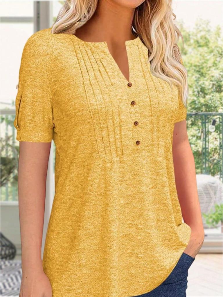Women's Pleated V Neck T-Shirt Short Sleeve Solid Color Zipper Summer Casual Top