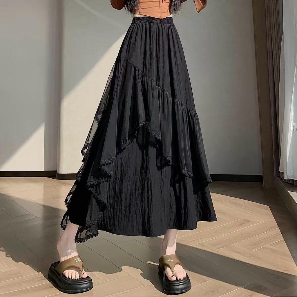 Cotton Blended Irregular Lace Maxi Skirt With Ruffle Hem For Fashion Women