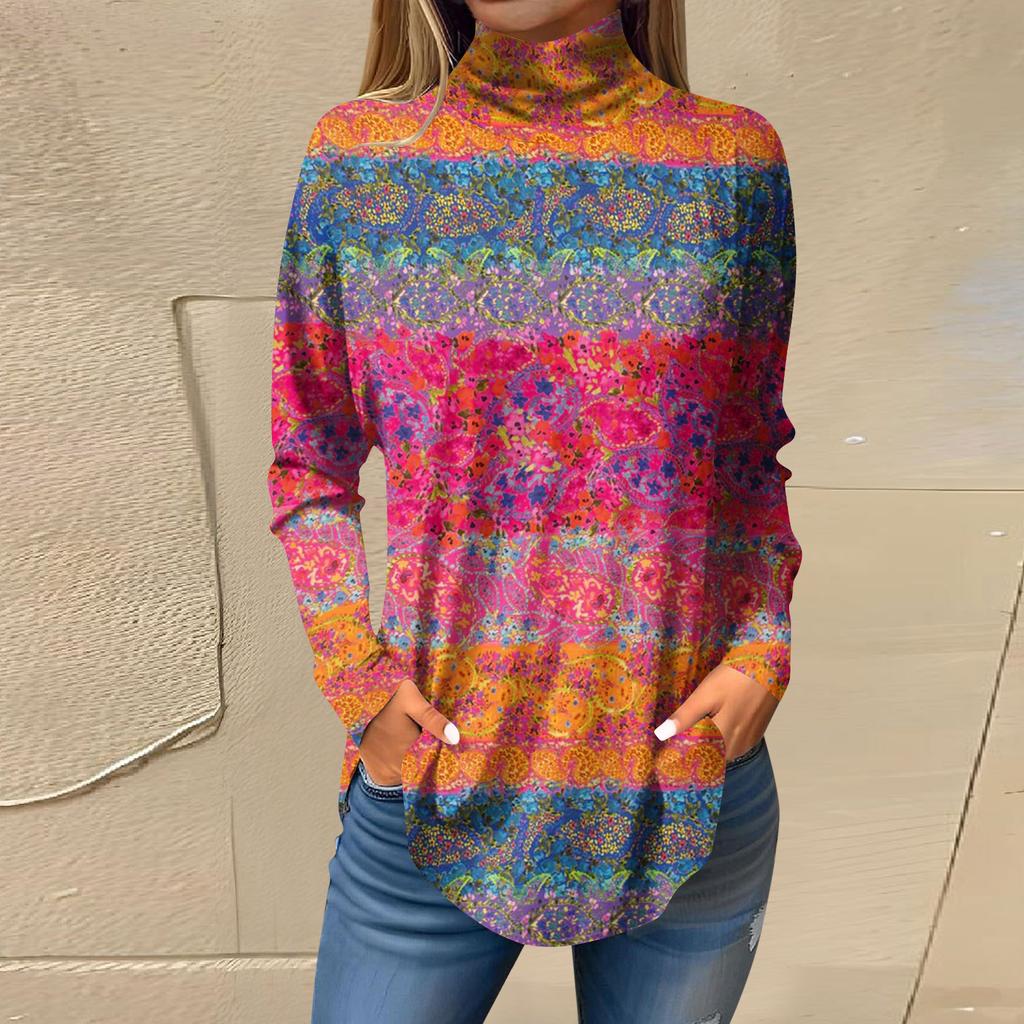 Футболки для женщин, осенние повседневные рубашки с длинными рукавами, толстовка с винтажным принтом, топ с высоким воротом, пуловер