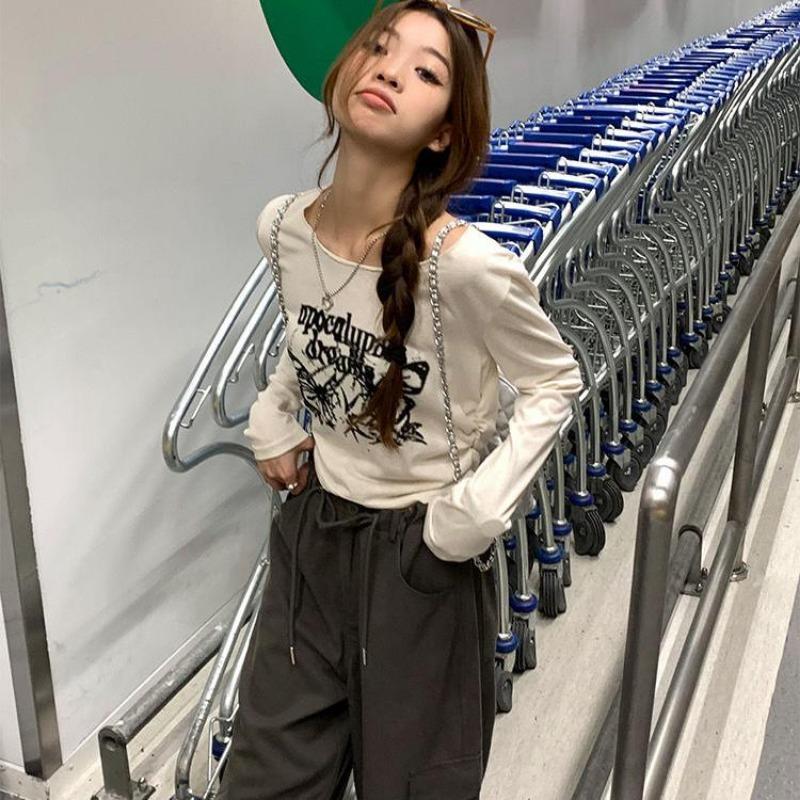 2KWEIRD Сексуальные плиссированные гранж футболки женские облегающие Y2k эстетика принт с буквами длинный рукав укороченный топ женская мода все сочетается футболка