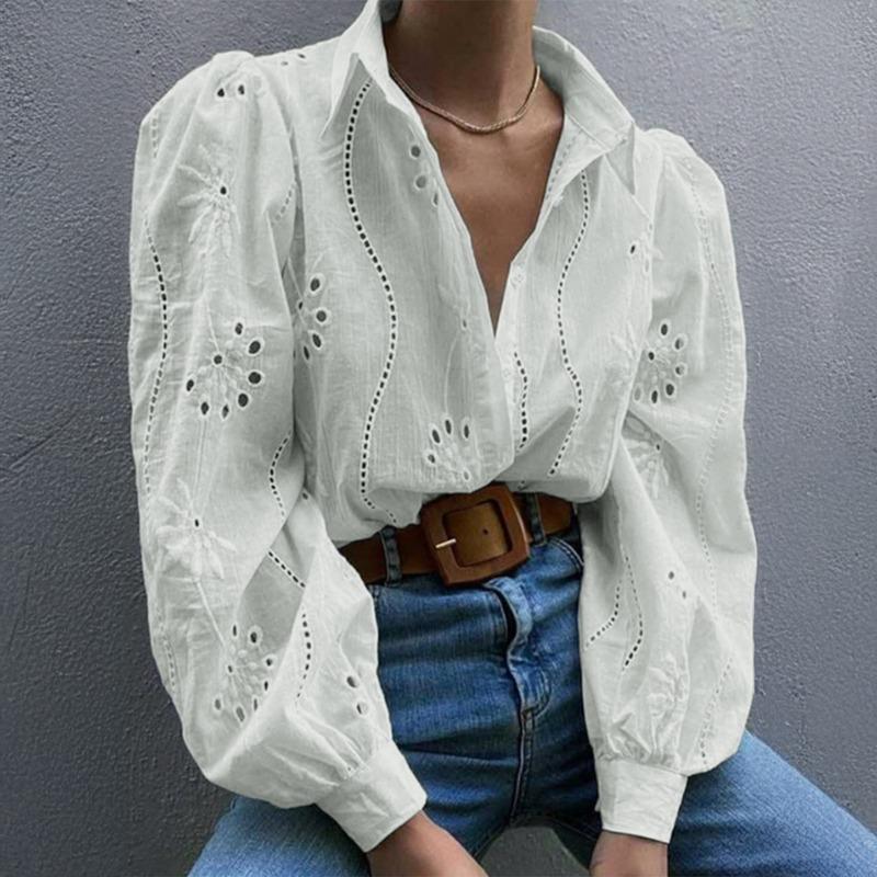 Elegant Loose Fashion Lace Women Shirt Casual Hollow Out Puff Long Sleeve Top Single-breasted Office Blouse Solid Sweet Simple Lapel Women's Clothing